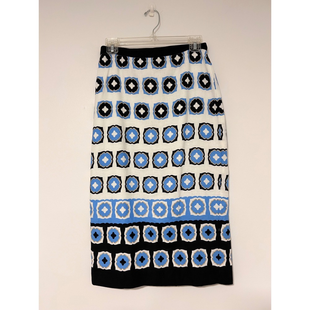 Ann Taylor Blue White Geometric Tile Print Linen Blend Pencil Skirt 2P SU24